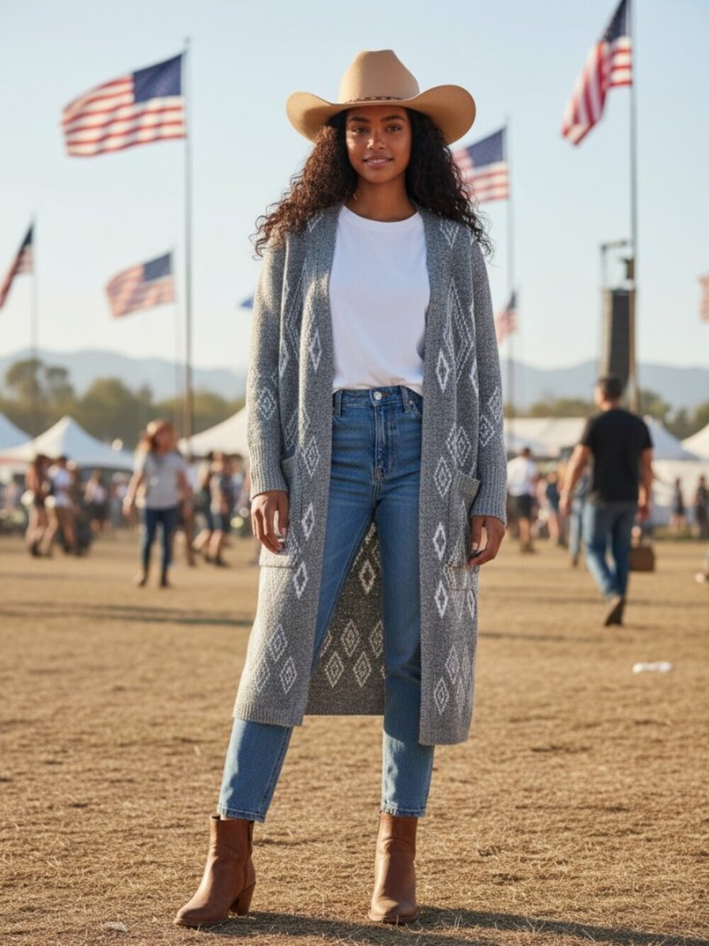 Long Cozy Grandpa Open Front Cardigan, Gray and White, Small